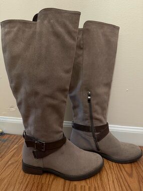 Limelight Taupe Knee-High Moto Boots with Buckle Detail